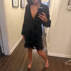 Wayf Black Floral Long Sleeve Dress burnout puff sleeve romantic mini plunge